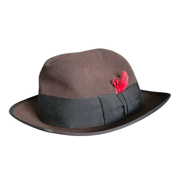 Stetson Vintage Fedora Style Brown Suede Hat with Red Feather Sz 6 7/8 - Picture 12 of 16